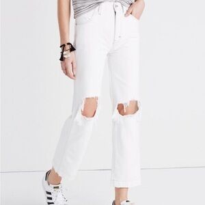 White distressed straight leg cropped jeans